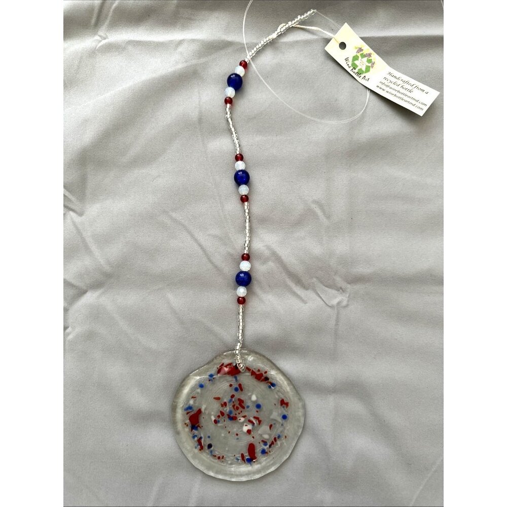 Wine Bottle Art Glass Suncatcher Handmade Recycled Red White & Blue New With Tag
